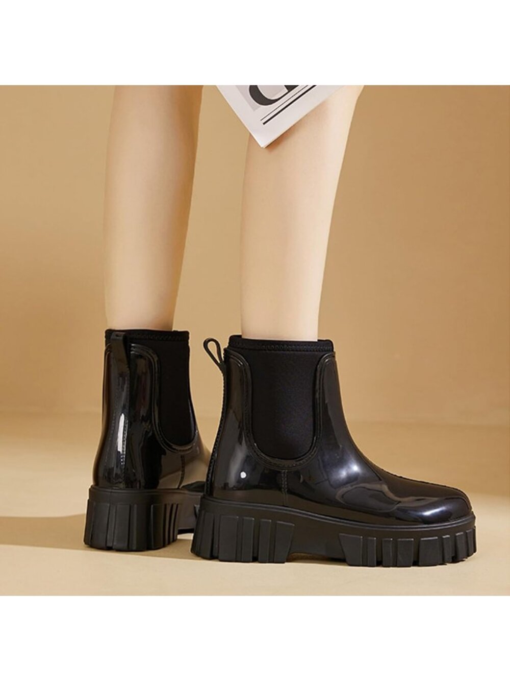 Women's Black Comfortable Platform Rubber Chelsea Ankle Garden Short Rain Boots - Picture 3 of 5